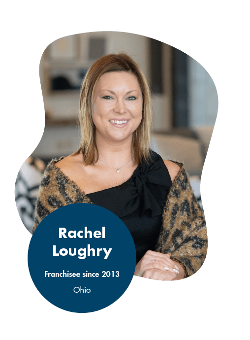 Rachel Loughry - Logistics Franchise Opportunity Reviews and Testimonials Smiling woman in a one-shoulder black top and patterned shawl, with a text overlay reading Rachel Loughry, franchisee since 2013, Ohio, known for her rave franchise reviews by fellow owners.