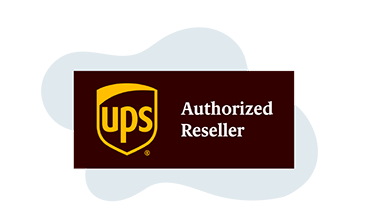 UPS Authorized Reseller The UPS logo, a symbol of a leading shipping logistics company, features a brown shield with ups in yellow lowercase letters. To the right, Authorized Reseller is displayed in white text against a wavy, abstract light background.