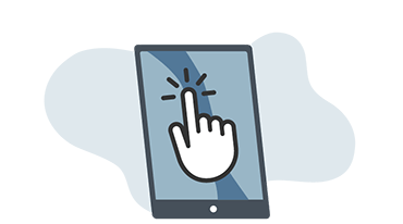 Tools for Shipping Solutions Franchise Owners Illustration of a tablet with a hand icon on the screen, featuring a raised finger and lines indicating touch interaction, embodying efficiency for a shipping logistics company. The background is a light abstract shape.