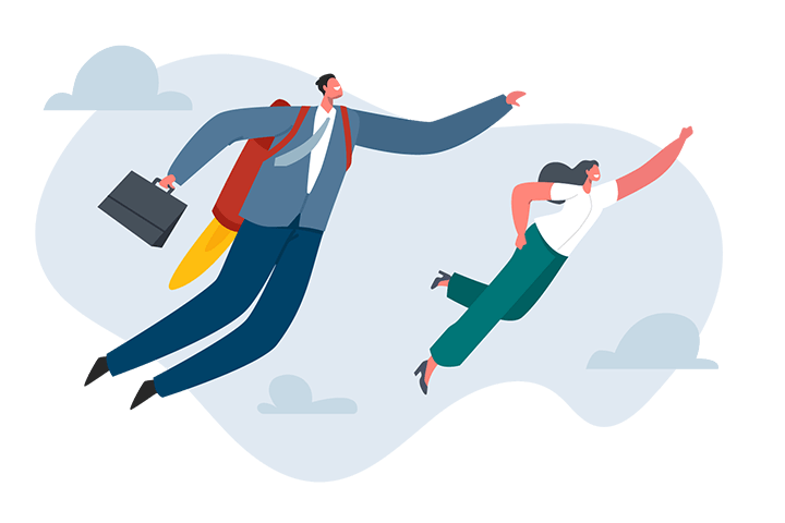 Franchise_Home_5050_2 Illustration of a man in a suit with a jetpack and a briefcase, flying alongside a woman in casual clothes. Both are pointing forward with determined expressions against a backdrop of stylized clouds.