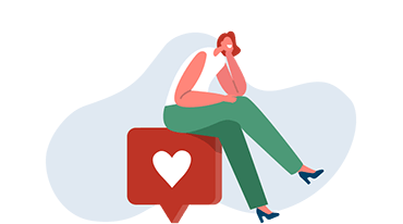 Franchise_Home_Tile_1 Illustration of a person sitting on a large red speech bubble with a white heart symbol. The person has red hair, is wearing a white top and green pants, and is resting their chin on their hand, appearing thoughtful.