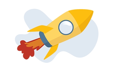Franchise_Home_Tile_2 Illustration of a yellow rocket with a blue window and red exhaust flames, set against a light blue abstract background.