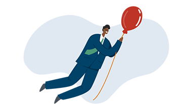 Franchise_Home_Tile_3 Illustration of a person in a blue suit holding a red balloon, floating in the air against a light blue abstract background.