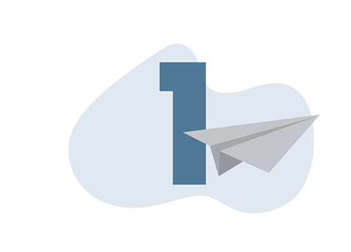 Submit a franchise inquiry form to learn about Unishippers logistics franchise opportunities. Illustration of a stylized number one beside a gray paper airplane, hinting at the first step on your journey of how to become a franchise owner, all set against an abstract light blue shape.