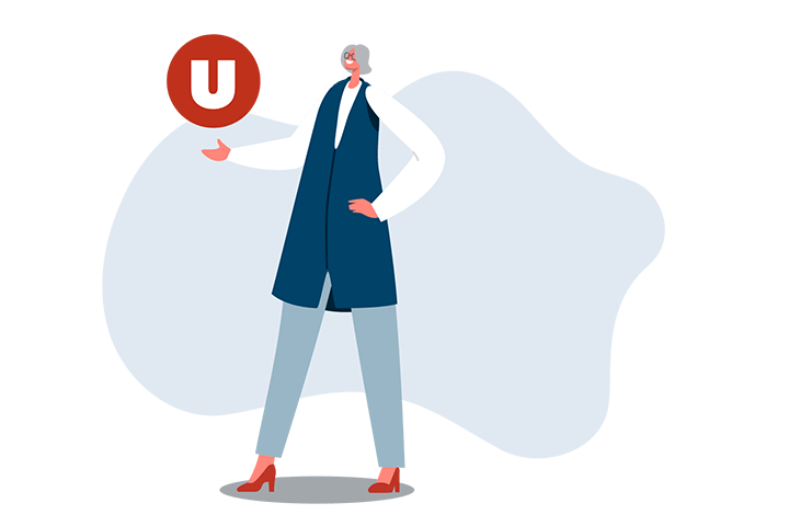 Franchise_WhyUni_Benefits_5050_2 Illustration of a person with short hair wearing a long blue vest, white shirt, and red shoes, holding a red circle with a white U inside—symbolizing the best franchise opportunities. The background features an abstract light blue shape.