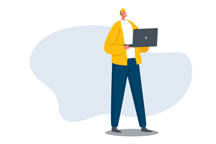 Franchise_WhyUni_Benefits_5050_3 Illustration of a person wearing a yellow jacket and holding a laptop, contemplating the best franchise opportunities. The background features a light blue abstract shape, adding contrast to the characters focused expression.