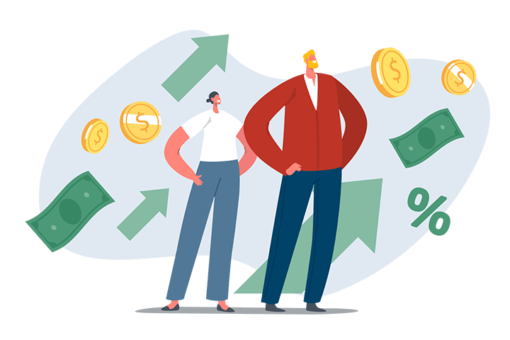 Franchise_WhyUni_Cost_5050_2 Illustration of two people standing confidently. One wears a white shirt and gray pants, the other a red jacket and blue pants. Background features floating arrows, dollar bills, coins, and percentage symbols, subtly hinting at financial growth or unishippers franchise cost success.