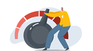 Franchise_WhyUni_Tile_2 Illustration of a person in a yellow jacket turning a large black dial. Red and gray semi-circular bars in the background suggest adjusting intensity or volume.