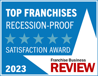 FBR-Recession-Proof-2023 Logo with a blue background reads: Top Franchises, Recession-Proof Satisfaction Award, 2023. It features five stars and the text Franchise Business Review in red and black, celebrating excellence in Unishippers Franchise Ownership.