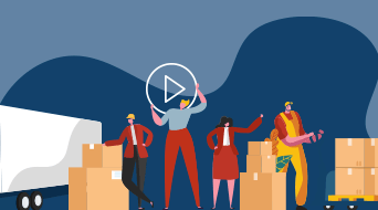 Illustration of four animated people moving boxes near a truck. One person holds a play button symbol. Two people wear red suits and helmets, another is in a yellow outfit with overalls, and the fourth is in casual clothes. Several boxes are stacked nearby.