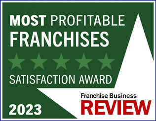 Green award badge with white text reading, Most Profitable Franchises Satisfaction Award 2023, alongside a five-star graphic. Franchise Business Review is written in red at the bottom right. Highlights the achievement of Unishippers Franchise Ownership.