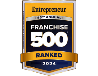 Yellow and blue badge with Entrepreneur, 45th Annual, and Franchise 500 Ranked 2024 text, symbolizing a ranking from Entrepreneur magazine. Celebrate Unishippers Franchise Ownership proudly featured in this prestigious list.