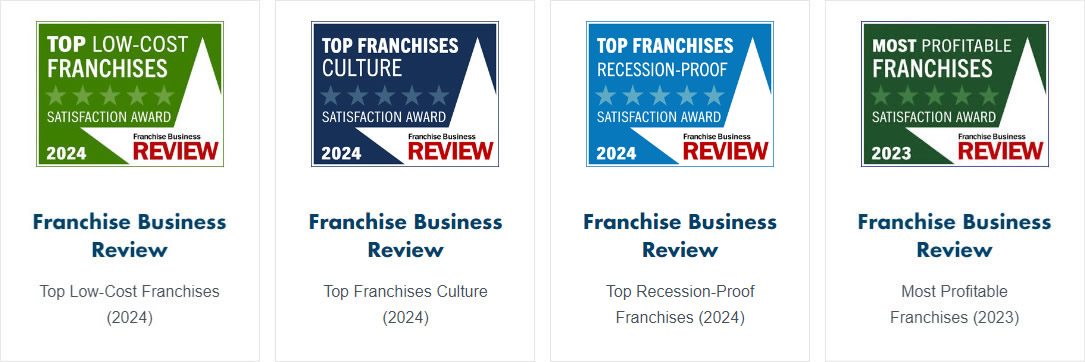 Unishippers Franchise Ownership proudly displays four Franchise Business Review 2024 award badges: Top Low-Cost Franchises, Top Franchises Culture, Top Recession-Proof Franchises, and Most Profitable Franchises, each bearing the Satisfaction Award distinction.