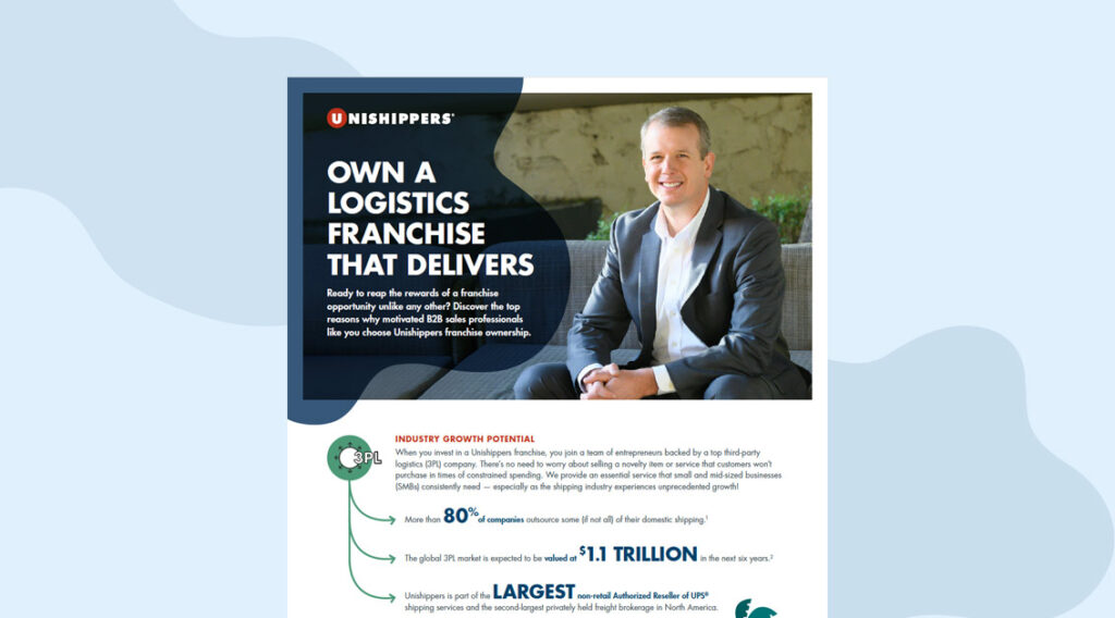 A professionally dressed man sits and smiles next to text promoting a logistics franchise opportunity, featuring industry growth statistics, the Unishippers logo, and highlighting key logistics franchise benefits.