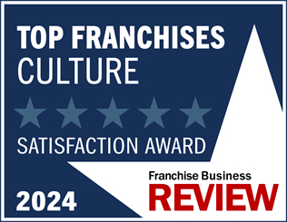 Blue and white award badge with Top Franchises Culture Satisfaction Award written on it, featuring five shining stars. The text at the bottom reads 2024 and Franchise Business Review, celebrating the excellence of Unishippers Franchise Ownership.