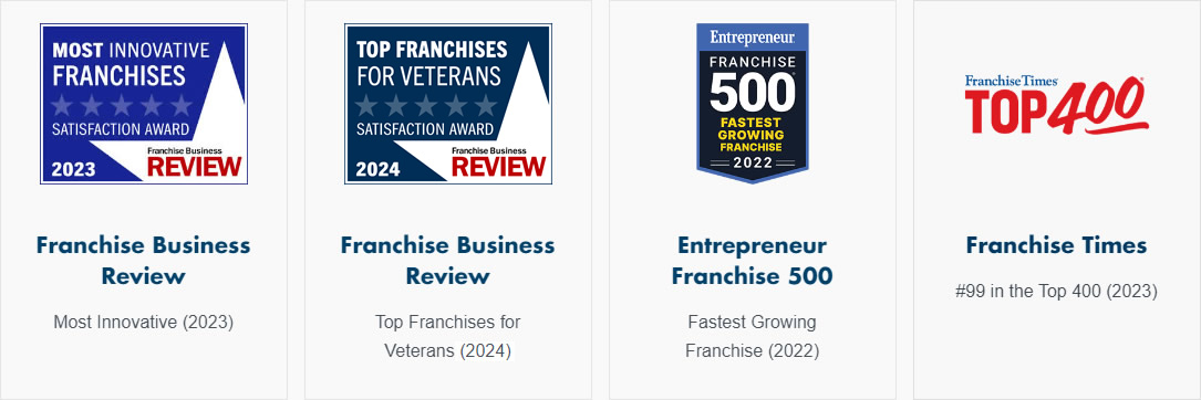 The image showcases four prestigious franchise awards: Most Innovative 2023, Top Franchises for Veterans 2024, Fastest Growing Franchise 2022, and Top 400 #99, highlighting Unishippers Franchise Ownership as a leader in innovation and growth.