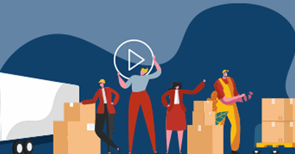 Illustration of four animated people moving boxes near a truck. One person holds a play button symbol. Two people wear red suits and helmets, another is in a yellow outfit with overalls, and the fourth is in casual clothes. Several boxes are stacked nearby.