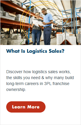 Two people stand in a warehouse aisle reviewing documents together. Shelves stocked with boxes and packages surround them. Text below discusses logistics sales careers and includes a red Learn More button.