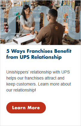 A woman at a counter hands a package to a UPS delivery person. Text below reads: 5 Ways Franchises Benefit from UPS Relationship with a description and a red Learn More button.