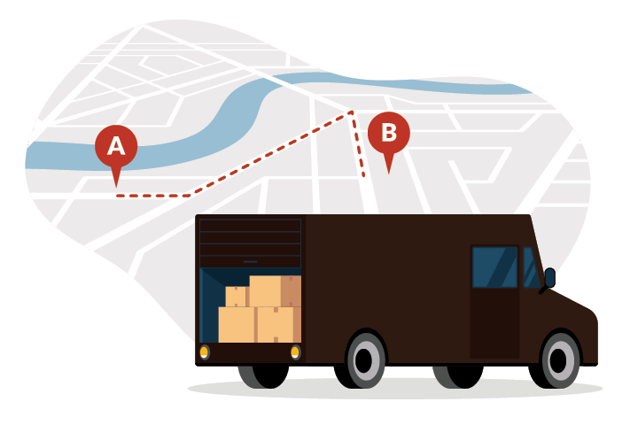 Franchise_Logistics Services_5050_1 A delivery truck loaded with boxes is driving along a mapped route, connecting points A and B with a dashed line—illustrating efficient third-party logistics in action.