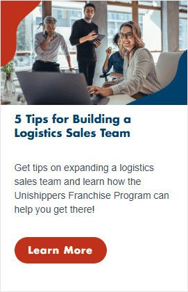 Three people stand and talk in a modern office while a woman with glasses smiles at her computer. Text promotes tips for building a logistics sales team or launching a shipping franchise, inviting viewers to learn more.