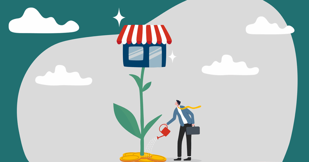 Illustration of a person in business attire watering a plant that grows from coins, with a small store building as the flower, symbolizing business growth and investment.