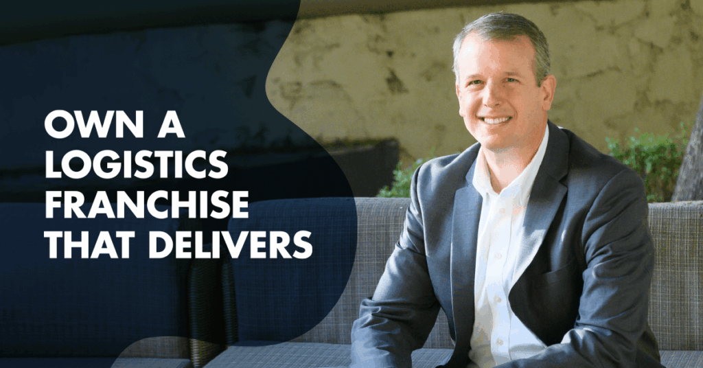 A man in a business suit sits on a gray outdoor couch, smiling. Text on the left reads, Own a logistics franchise that delivers. The background includes a wall and greenery.