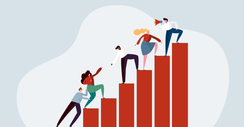 Illustration of five people climbing upward on red bar graph columns, helping each other ascend to higher levels, symbolizing teamwork and support for collective progress.