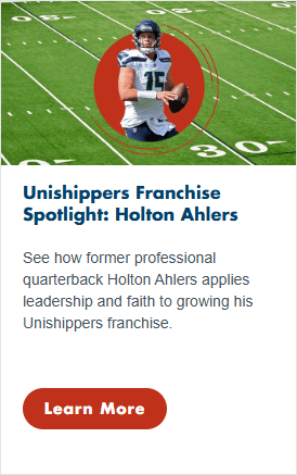 A football player in uniform holding a football stands on a field; below, text highlights Holton Ahlers and his transition from quarterback to Unishippers franchisee, with a Learn More button.