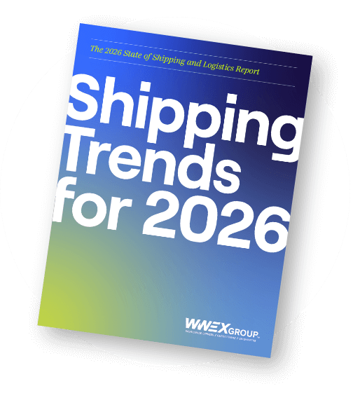 A report cover titled Shipping Trends for 2026 with a blue to green gradient background and the WWEX Group logo at the bottom. The subtitle reads The 2026 State of Shipping and Logistics Report.