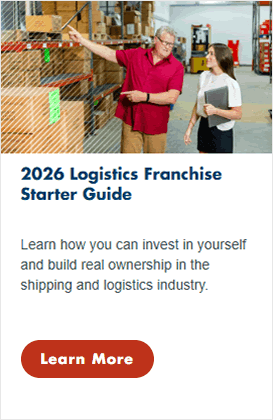 Two people stand in a warehouse, one pointing at boxes on shelves while the other holds a folder. Text promotes a 2026 Logistics Franchise Starter Guide with a red Learn More button below.