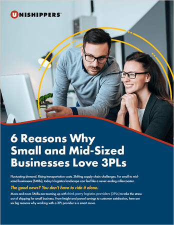 A man and a woman sit at a desk working together on a computer. The text highlights 6 Reasons Why MB Shipping Customers and Small and Mid-Sized Businesses Love 3PLs, with the Unishippers logo featured at the top.