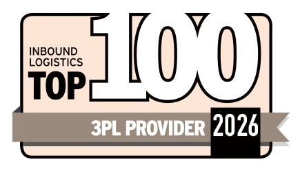 A badge reads Inbound Logistics Top 100 3PL Provider 2026 in bold black and white text on a beige background with a gray ribbon, highlighting Unishippers awards and reinforcing its reputation as an outstanding shipping franchise opportunity.